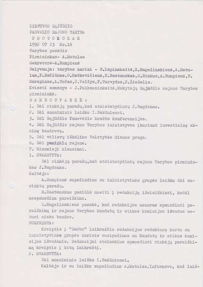 Lietuvos Sajūdžio Pasvalio rajono Tarybos 1992 m. liepos 23 d. posėdžio PROTOKOLAS Nr. 16